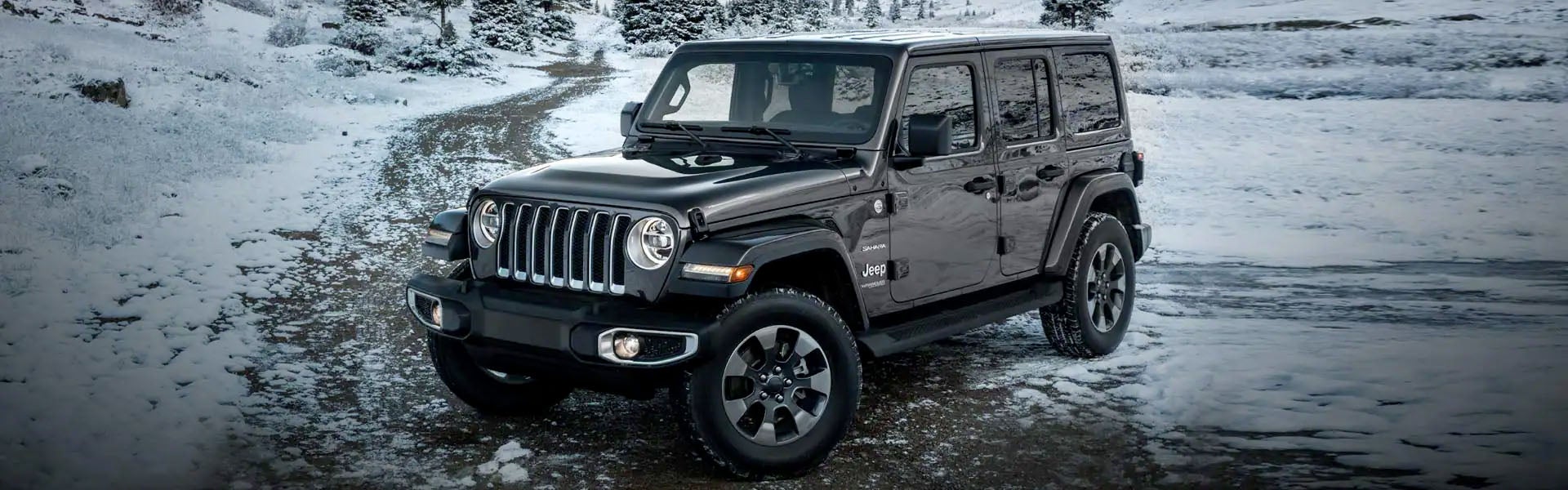 Black Jeep Wrangler parked in the middle of a snowy forest